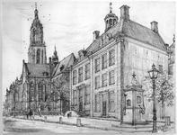 206078 Gezicht op de Markt te Rhenen met de voor- en zijgevel van het stadhuis en rechts de pomp; links de Cunerakerk ...